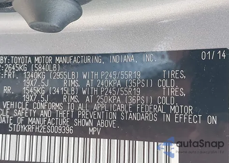 2014 Toyota Highlander Limited V6 из США, поврежденный, VIN 5TDYKRFH2ES009396